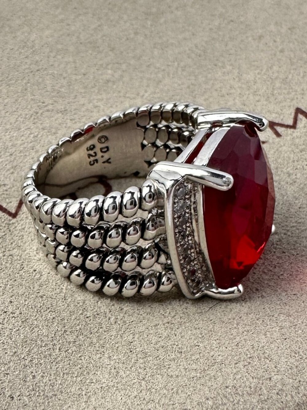 Sterling Silver David Yurman Red Garnet and Pave Accent Cable Ring Size 7